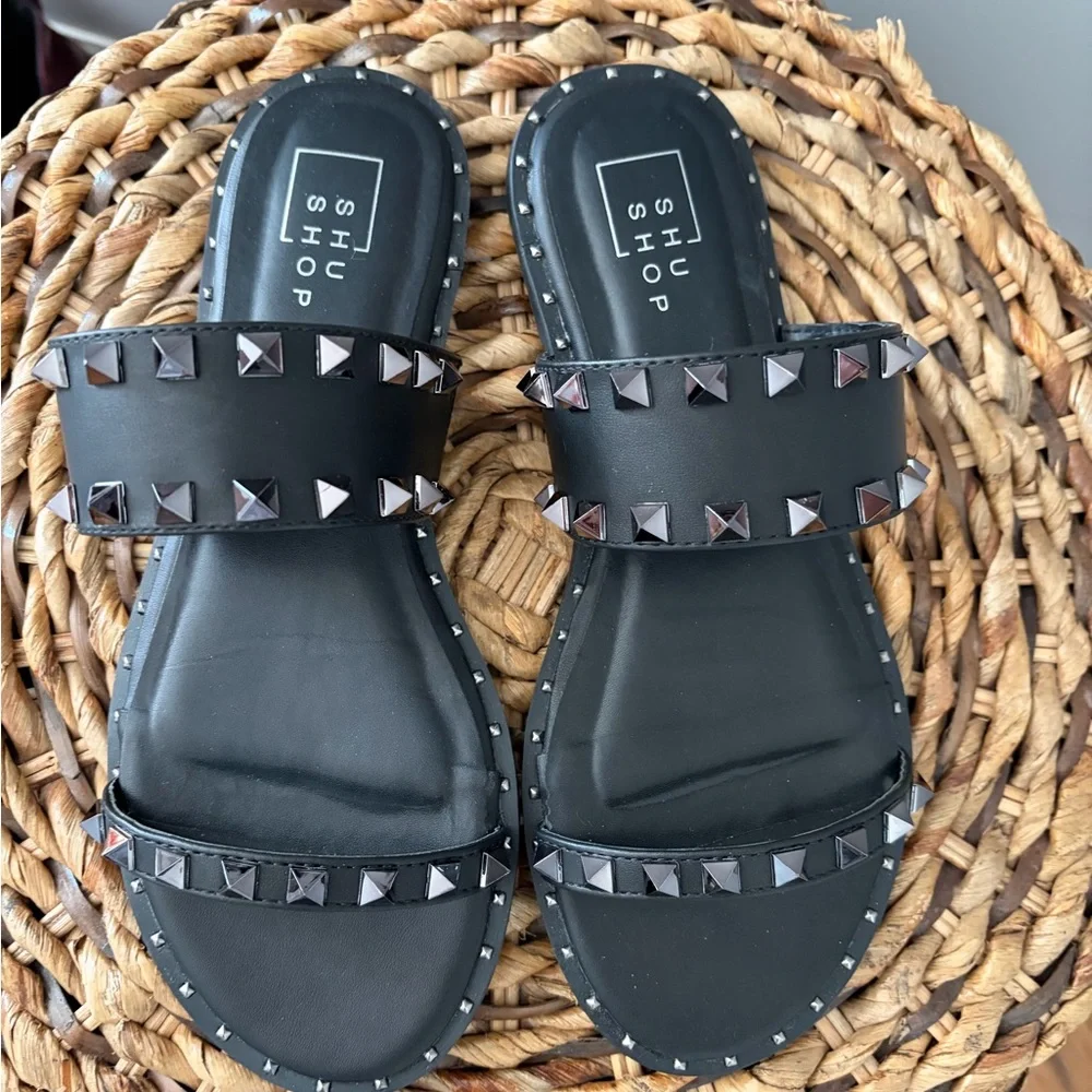 ShuShop Studded Black Slide Sandals 
Size 8
Like new 
Smoke free home - Picture 3 of 4
